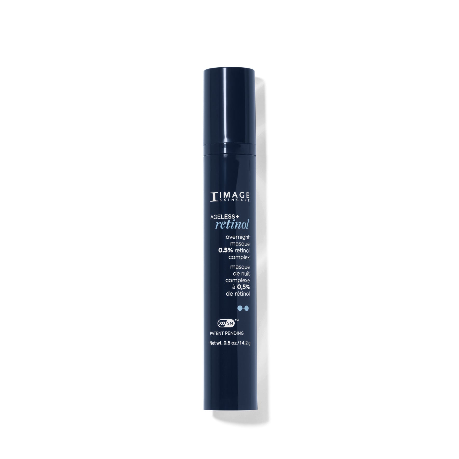 Blue skincare bottle with white text on a white background