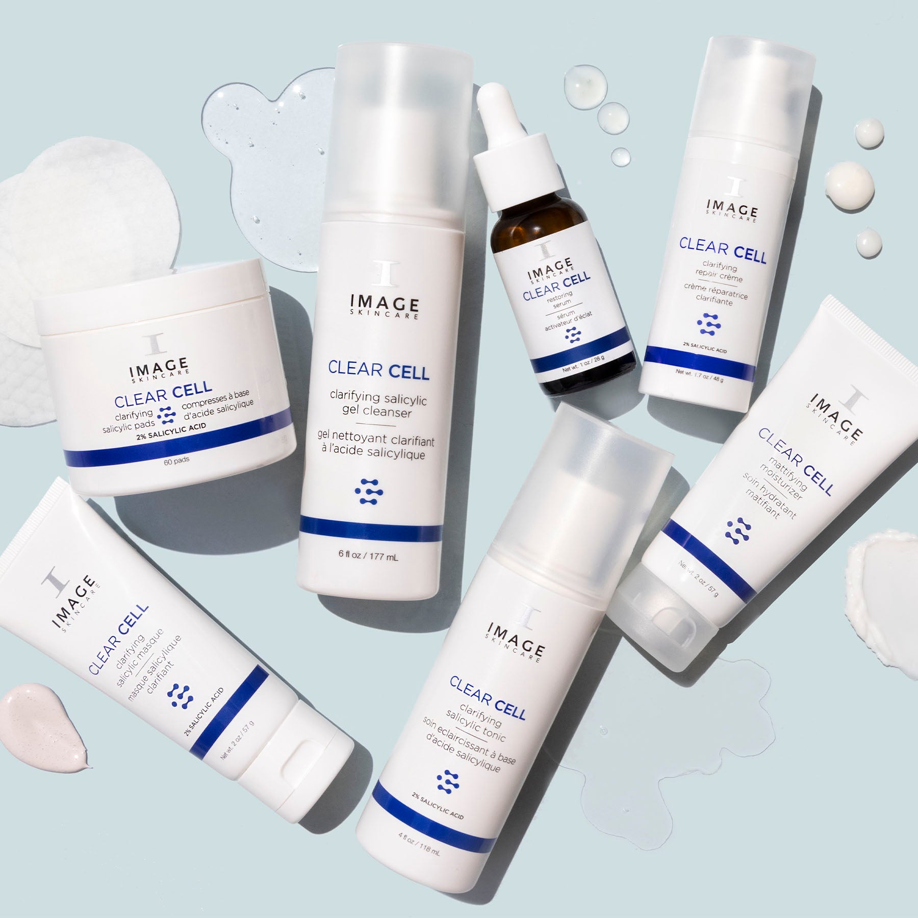 Full clear cell collection products on blue background
