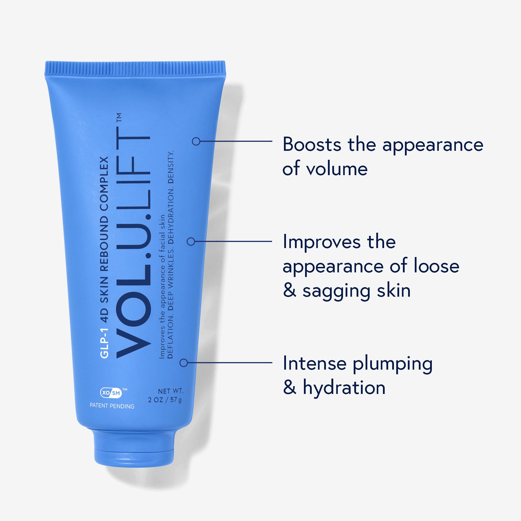 A blue tube of VOL.U.LIFT with benefits callouts on white background
